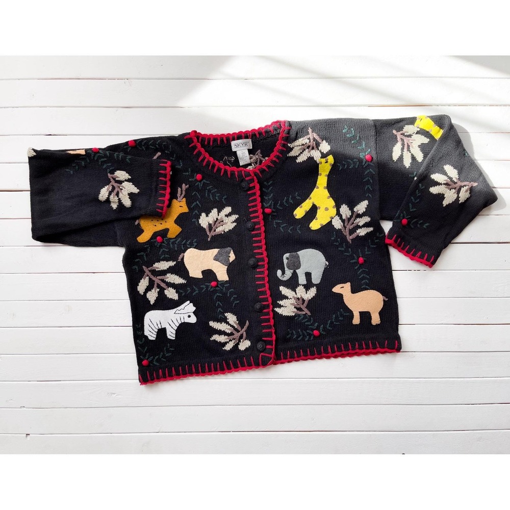 vtg SKYR black embroidered felt animal patchwork cardigan sweater L